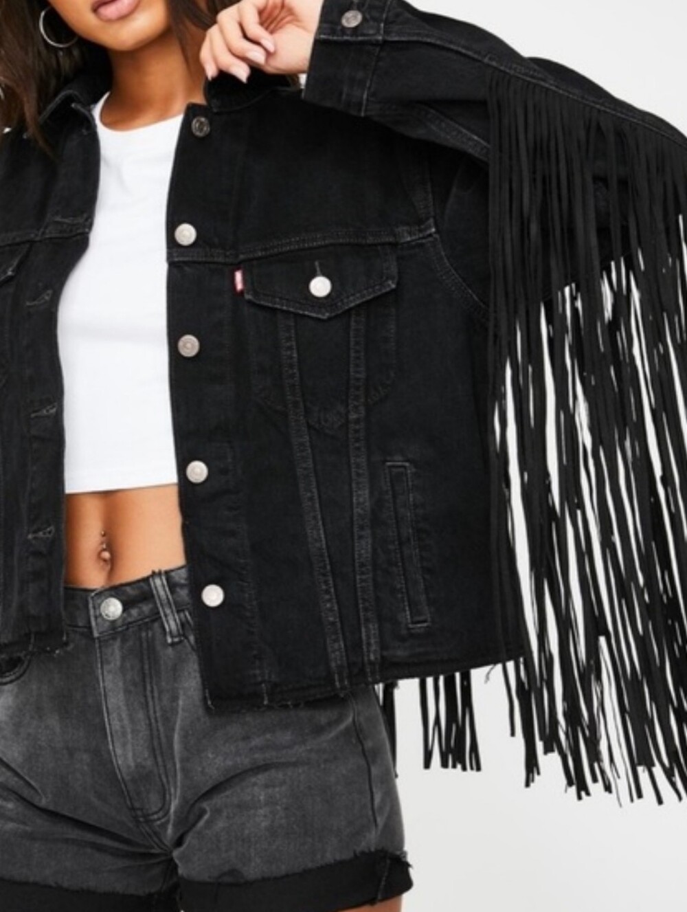 Levi’s Ex-Boyfriend Long Fringe Trucker Black Denim Jacket Free People